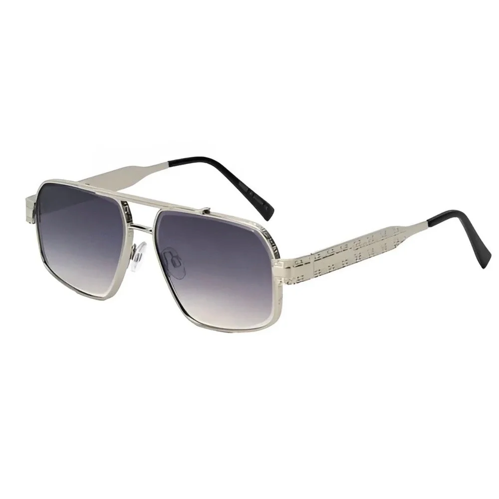 Mens‎ Sunglasses Silver Metal Frame Gradient Lens Double Bridge Aviator Outfit